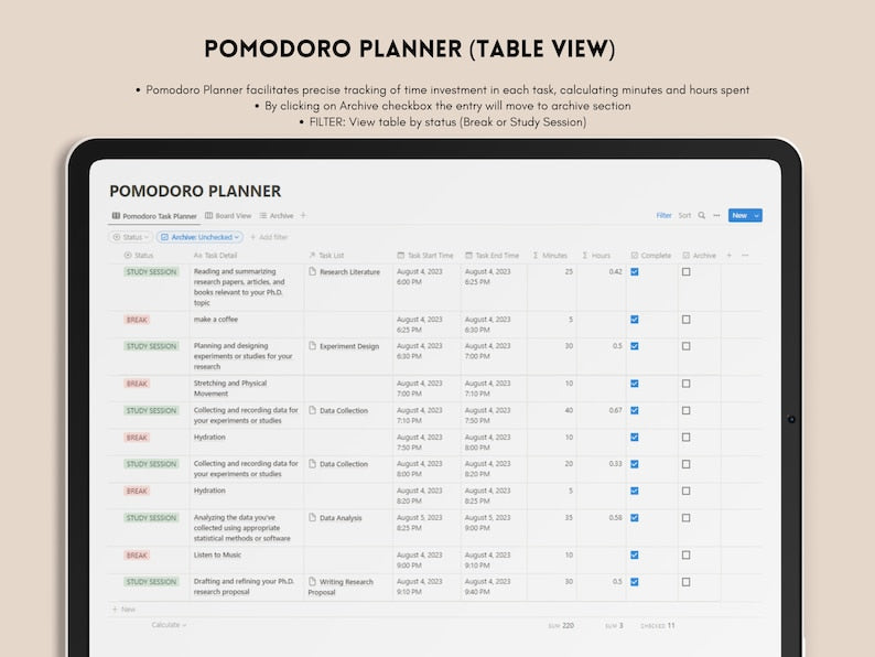 Notion Template for Pomodoro Productivity and Time Management_BrainAcademy.store