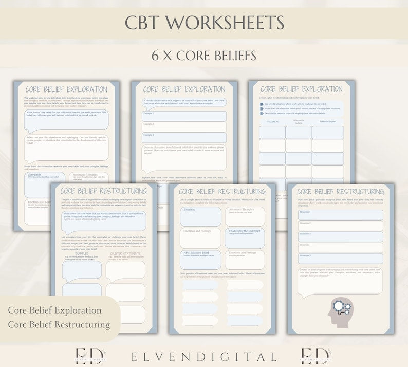 Éléments essentiels de la thérapie CBT : feuilles de travail, documents à distribuer et cartes de compétences d'adaptation