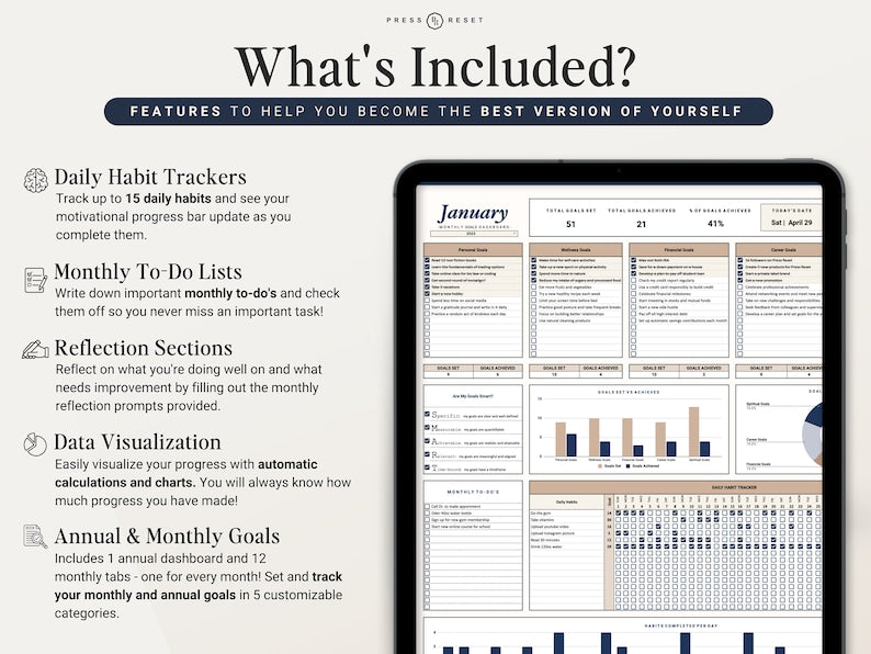 Suivi des objectifs et des habitudes : objectifs annuels, mensuels et tableau de bord